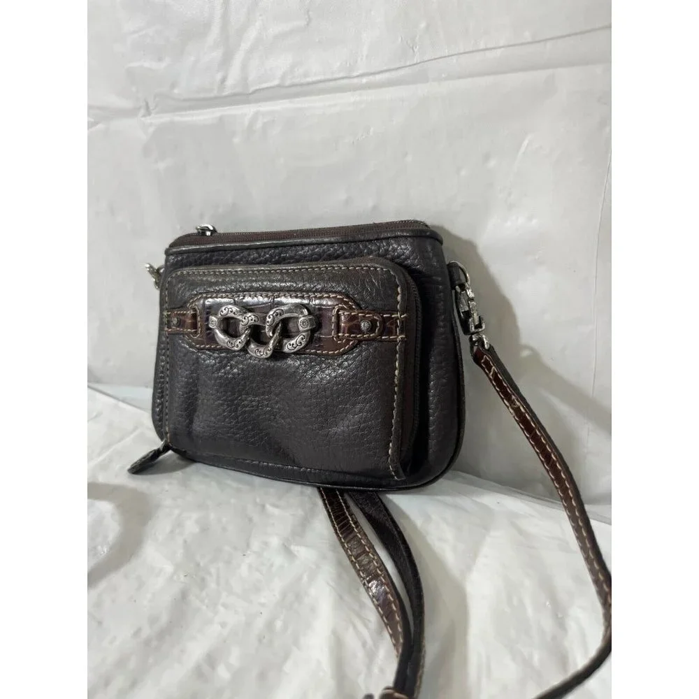Brighton Crossbody Organizer Brown Pebbled Leather Decorative Chain Hardware